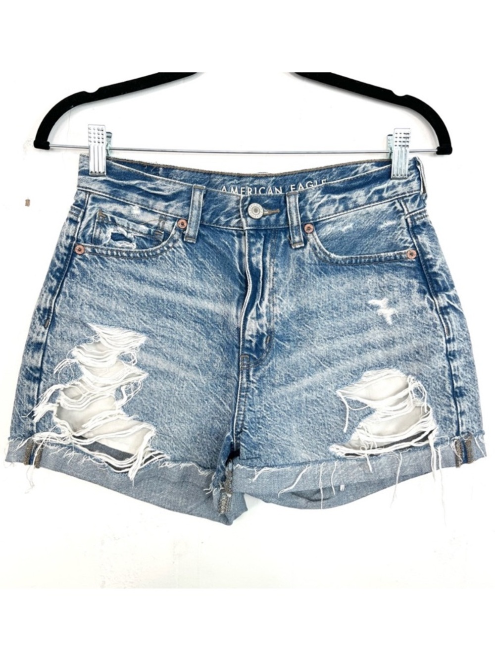 American Eagle Mom Short Jean Shorts Distressed Cuffed Stone Wash Size‎ 0